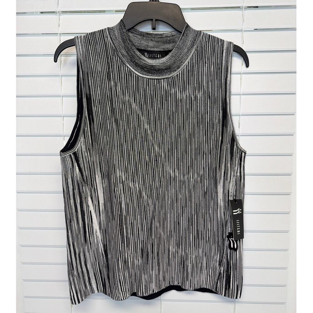 II Sisters Women’s Sweater Medium Black Gray White Striped NWT Cotton Blend